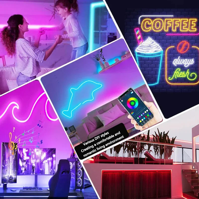 Fita LED Neon RGB - Impermeável, Controlo por Voz, Efeitos, App Tuya, Google Assistant e Alexa Fita LED Neon RGB - Impermeável, Controlo por Voz, Efeitos, App Tuya, Google Assistant e Alexa